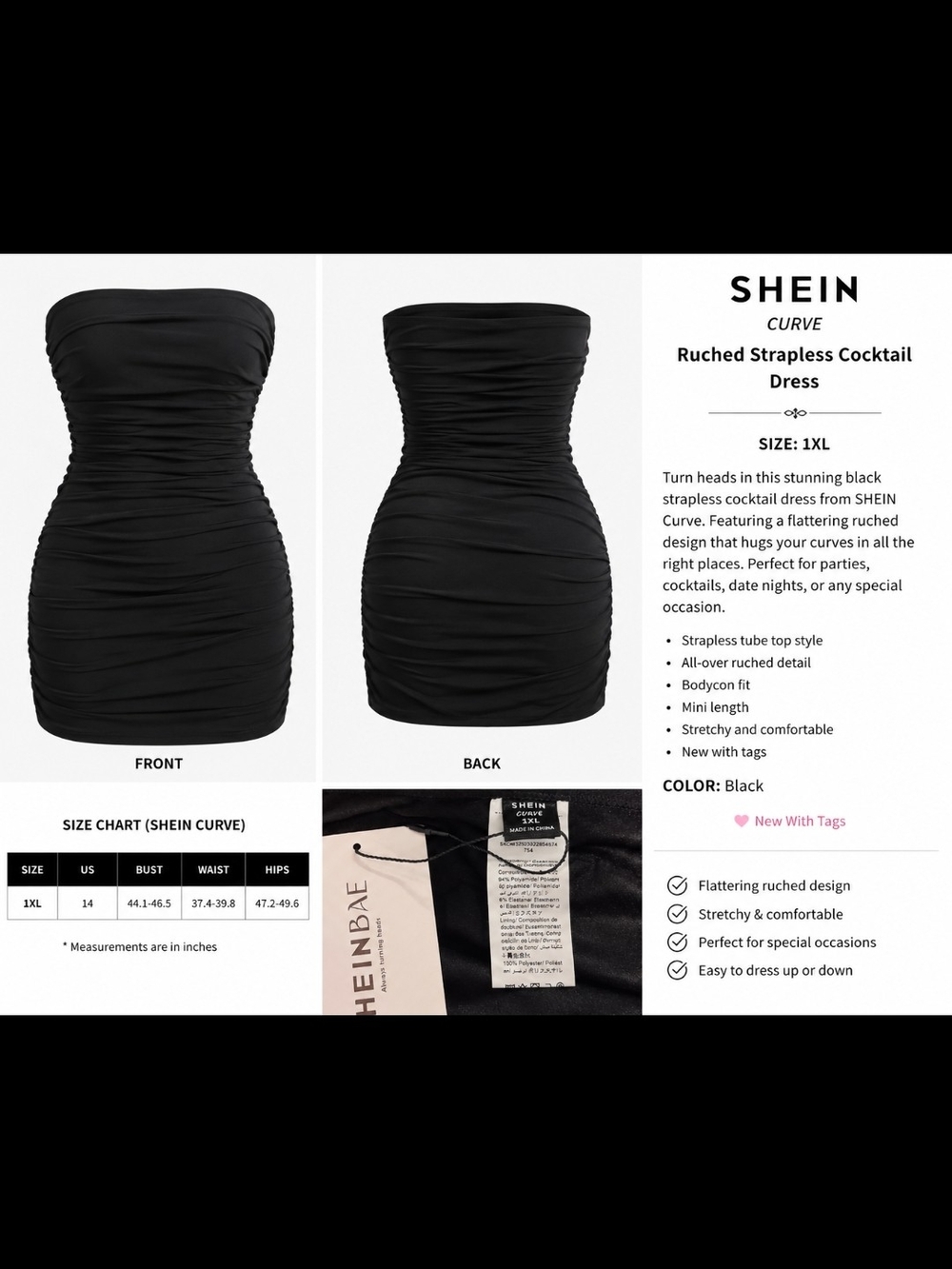 SHEIN Black Strapless Ruched Bodycon Dress
